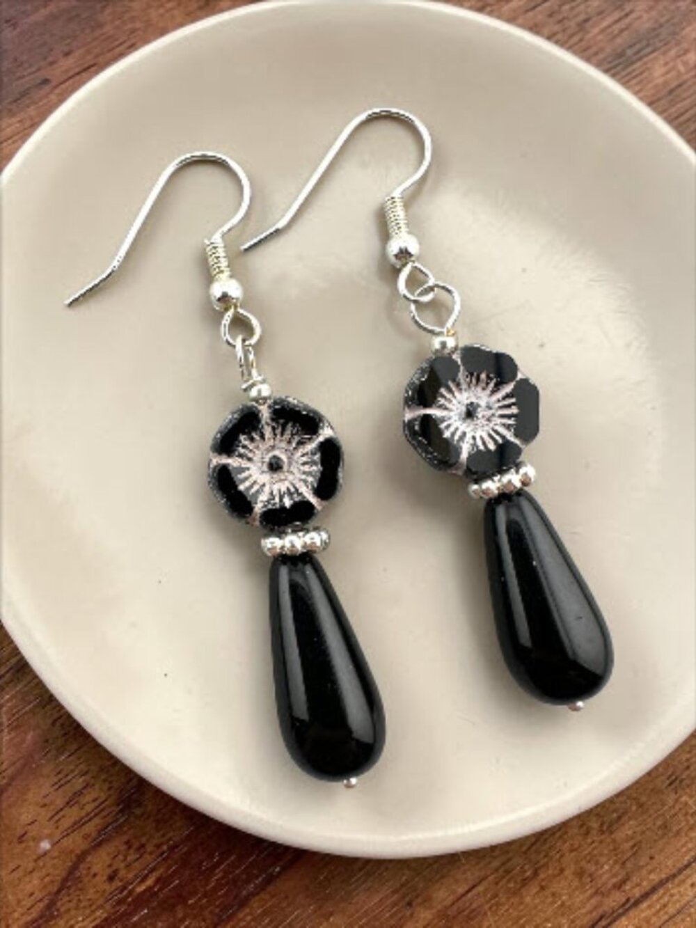 Black Czech Glass Hibiscus Flower Earrings Floral Teardrop Dangle